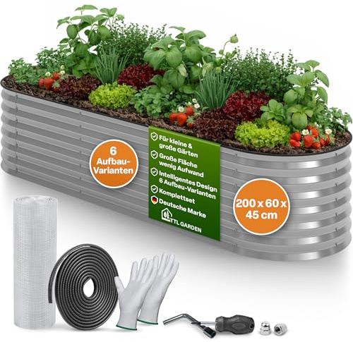 TTL GARDEN 200x60x45cm Metall Hochbeet Fusion 6-in-1 Silber Stahl verzinkt | - Rostfrei verzinkt 45cm hoch 60cm breit Wellblech Form oval stabil Garten Beet für Gemüse Kräuter Blumen Gartenbeet Hochbeet