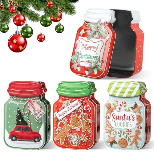 QIANAI Caja de Metal Galletas, Tarro de Galletas Cuadrado Navideño, Tarro de Galleta con Tapa, Rellenables Latas Dulces de Navidad, Cajas Dulces Navidad Metales (A)
