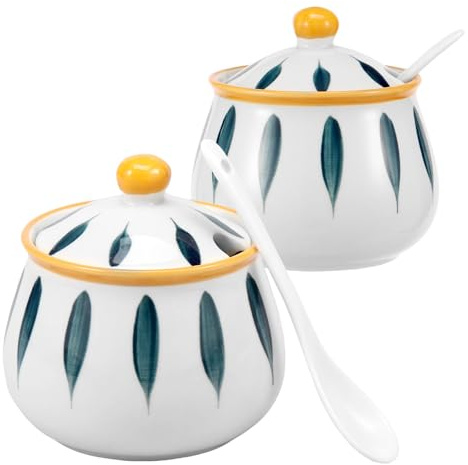 2pcs Ceramic Sugar Bowl with Lid and Spoon 350ml Decorative Ceramic Spice Jars Condiment Pots for Kitchen Seasoning Sugar Salt Pepper