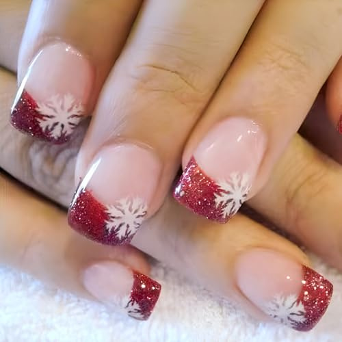 Lot de 24 faux ongles de Noël carrés courts avec motifs à coller pour femme