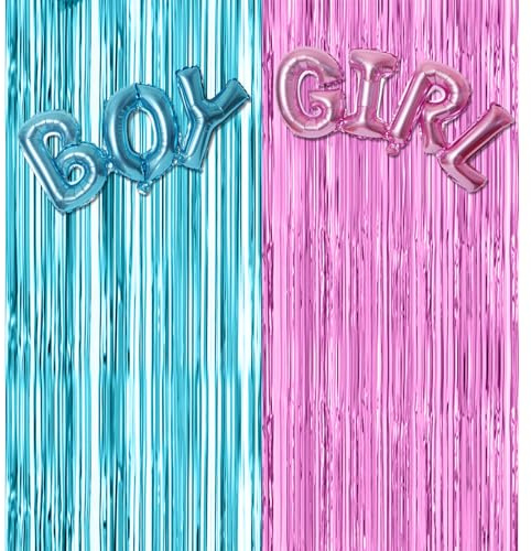 Baby Geschlechts Enthüllung Party Deko Set, Rosa Blau Gender Reveal Lametta Vorhang Junge oder Mädchen Babyparty Dekoration