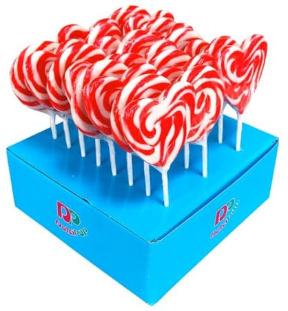 Piruletas Dulcipop Rainbow, Corazón y Redondas 50g – Sabor Fresa y Cereza, Colores Vivos, Bandeja Expositora 24 Unidades, Ideal para Eventos y Fiestas (CORAZON ROJO BLANCO FRESA)