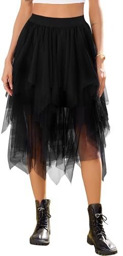 Lovasy Jupe Tulle Femme Mi Longue Jupe Tutu Asymétrique A-Line Taille Haute Élastique Robe Tutu pour Carnaval Halloween Daily Prom Party,A-Noir,S/M