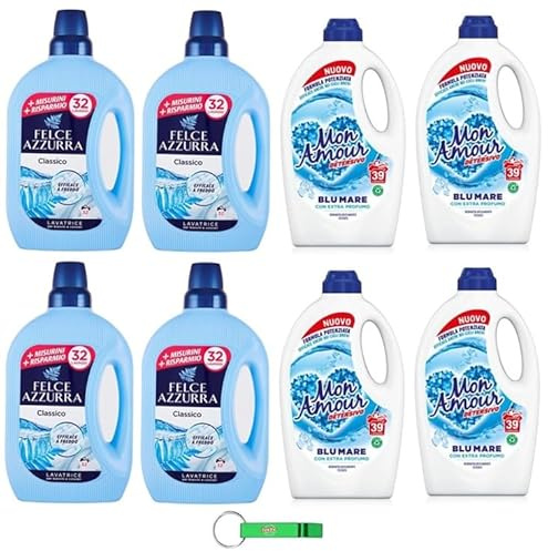 Felce Azzurra Mon Amour Set di detersivo, 4 x 1595 ml + 4 x 1560 ml + portachiavi Beni Culinari