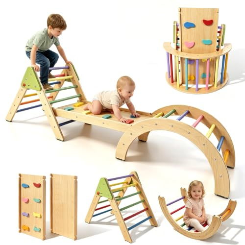7 in 1 Montessori Klettergerüst Set Kinder ab 18m+ Holz Pikler Dreieck Baby Indoor Spielset Kletterdreieck mit Rutsche, Bogen, Leiter faltbar Spielplatz Geschenk für Kleinkinder Jungen und Mädchen 1-3