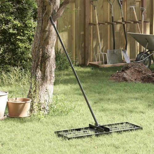Mokuyary Rastrello da giardino nero, 75 x 25 x 200 cm, in acciaio verniciato a polvere, rastrello da giardinaggio per lavori a terra