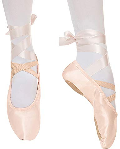 Chaussures de Danse Satin Demi Pointe Pantoufle de Ballet avec Ruban Rose Ballerine pour Enfants et Adulte 27 EU