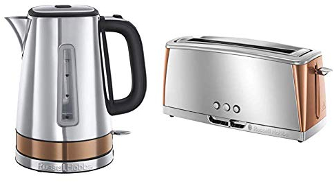 Russell Hobbs Luna Fast Boil Electric Kettle Cordless Stainless Steel with Long Slot Toaster, Long Slice or Two Slice Stainless Steel Toaster with Copper Accents