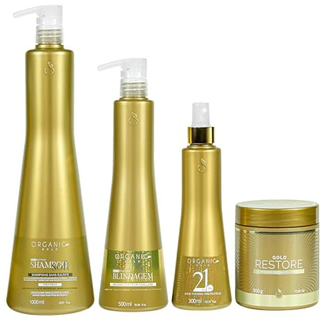 Organic Gold Kit Blindage Keratine Capillaire – Reconstruction Intense – 4 Produits : Shampoing Soft 1000ml, Blindagem 500ml, Masque Restore 500g, Spray Thermo-Protecteur 300ml