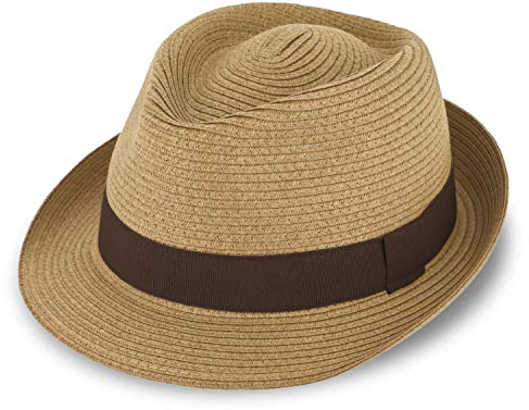 fiebig Jackson Trilby Papierhut mit farbigem Ripsband | Sonnenhut aus 100% Papier | Natur Sommerhut (55-S, Camel)