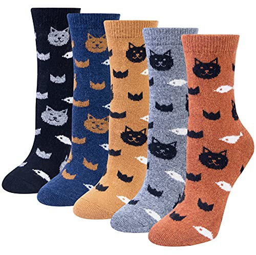 Chalier Cozy Winter strumpor i merinoull, ullstrumpor dam med söt katt, djurmönster, varma tjocka färgglada stickade strumpor, termostrumpor, gosiga strumpor dam, 36–42, Stil-l