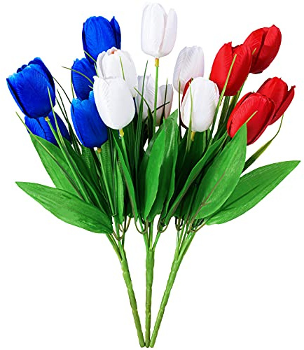 SYWHXY 18 Pcs Patriotic Artificial Flower - RED, White, and Blue Artificial Tulips Fourth of July Memorial Day Cemetery Flowers for Grave
