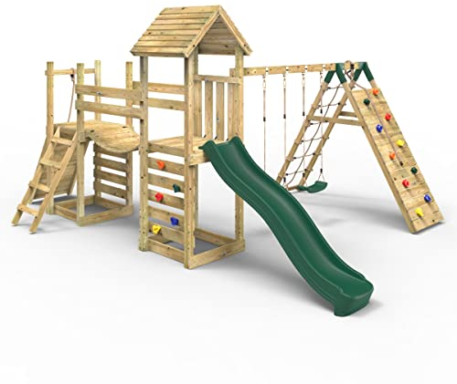 Rebo® Double Tower Climbing Frame with Flexible Bridge, Swing and Slide - Greenhorn | OutdoorToys | Kids' Outdoor Wooden Garden Play Equipment, Children's Jungle Gym
