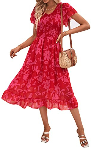 BTFBM Women Casual Summer Short Ruffles Tiered Sleeve Smocked Midi Dresses Bohemian Floral V Neck Wedding Guest Long Dresses, Floral Red, XL