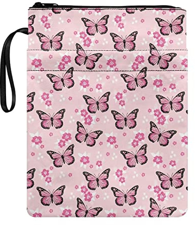 Poceacles Buchumschläge für Hardcover-Bibelschutz, mit Reißverschluss, Motiv: rosa Schmetterlinge, Blumen, Polyester, strapazierfähig, für Damen, Teenager, Mädchen