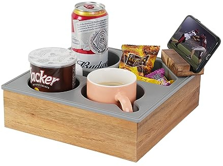 Hitseon Couch Cup Holder Tray, Handy Soft Silicone Acacia Wooden Couch Caddy for Bed Car Seat Beach Organizer, Waterproof Anti-spill Couch Drink Holder for Snacks Beverage Remote (Gray)