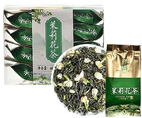 Plant Gift - [A] Jasmine Green Tea Loose Leaf - Chinese Green Tea Leaves with Jasmine Flowers (5g*12Packs) 60g/2.11oz