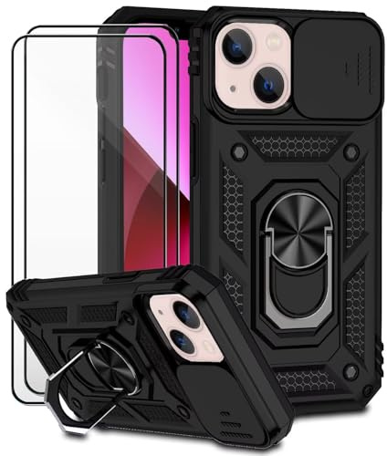Dechyi für iPhone 13 mini Hülle mit Panzerglas Schutzfolie Schutzhülle mit Kameraschieber Case 360° Drehbarer Militä Ständer Stoßfest Cover-Schwarz