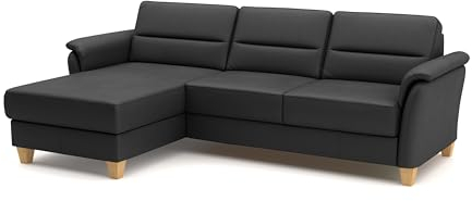 CAVADORE Leder-Ecksofa Palera mit Longchair / Landhaus-Couch mit Federkern + massiven Holzfüßen / 244 x 89 x 163 / Leder Schwarz