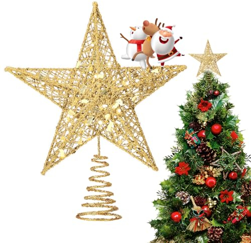 NOCHME Stella Puntale per Albero di Natale,15 cm Metallico Glitterato Stella Punte per la Decorazione Albero di Natalizio Oro Christmas Tree Topper Star