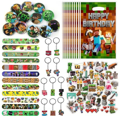 LGUZAKO 94pcs Party Favors, Party Bag Fillers for Kids 12 Wristbands 50 Stickers 10 Keychains 10 Gift Bags Party Fvours for Birthday Christmas Crackers (94pcs)