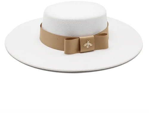 SOYNIA Fedora Trilby Cappello Feltro Cappello Fedora da Donna con Fiocco Bianco E Cappello Fedora A Tesa Larga per Banchetto Elegante Cappello in Feltro per Abito da Sposa 56-58 Cm Bianco