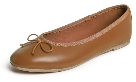 Feversole Women's Fashion Round Toe Ballet Flat,Bailarina Punta Redonda para Mujer Piel Vegana Lisa de Color Camel 38 EU