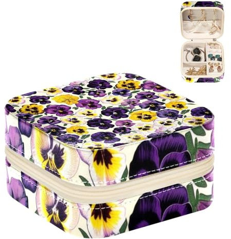 Eslifey Tragbare Mini-Schmuckschatulle für Reisen, Stiefmütterchen, Blumen, Totenkopf, kleines Schmuckkästchen für Damen, Leder-Ring-Organizer