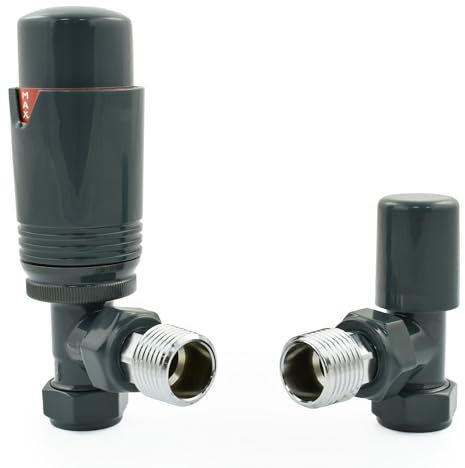 Hot Flow Valvola termostatica per termosifone ad angolo estuario completamente antracite (coppia) include corpo TRV angolato, testa ruota e scudo di blocco per un controllo rapido e facile della