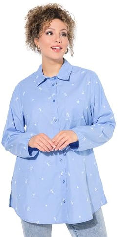 Ulla popken dam stora storlekar överdimensionerade skjortblus, blombroderi, A-linje, skjortkrage, långärmad, Ljusblå, 58-60