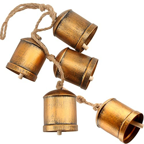 Haconba Set of 5 Large Rustic Hanging Cow Bells - Giant Antique Metal Bells for Indoor and Outdoor Christmas Decoration