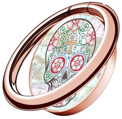 Carveit Natural Shells Cell Phone Ring Holder Metal Phone Kickstand Grip for iPhone 16 Pro Max/15/14 & Galaxy S23/S24/S25 Ultra & Pixel 7/8/9 -Rose Gold-Sugar Skull
