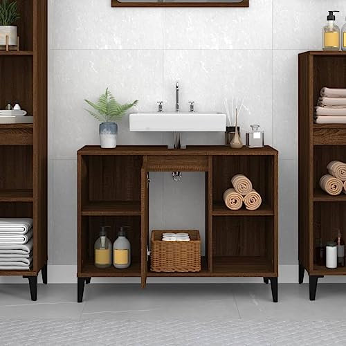 Homvdxl Under Sink Bathroom Cabinet, Floor Standing Storage Cupboard Basin Unit, for Washbasins without Pedestal, Cabinet Only, 80x33x60 cm - Brown+Oak