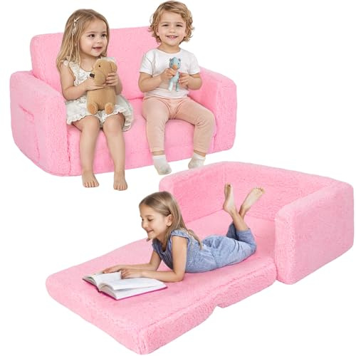 Sofá cama 2 en 1 para niños, silla extra ancha con bolsillos laterales y funda extraíble, sillones convertibles (rosa)