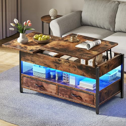 YITAHOME Couchtisch Höhenverstellbar, Wohnzimmertisch mit Verstecktem Ablagefach für für Wohnzimmer, Büro, couchtisch mit stauraum und 2 Schublade und LED-Lichtleiste 106 x50x51,5cm