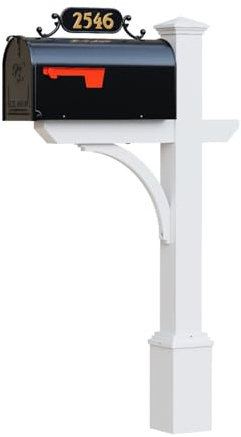 ADDRESSES OF DISTINCTION The Argonne Aluminum Mailbox Personalized System Black Mailbox with Sturdy Square White Post and Custom House Numbers Included (Argonne Estate)