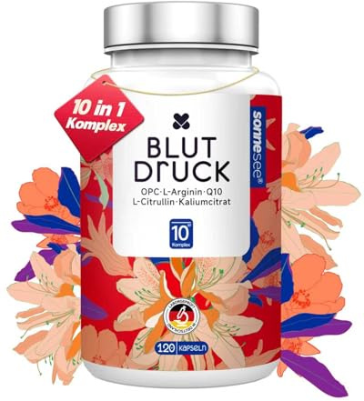 10 in1 Formel Blutdruck Komplex 120 vegane Kapseln hochdosiert mit L-Arginin, L-Citrullin, Kalium, OPC Coenzym Q10 & Magnesium – laborgeprüft,