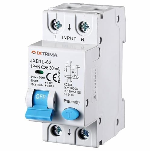 IXTRIMA Interruttore Magnetotermico Differenziale 1P+N 25A 30mA 220V-6KA CLASSE A 2 MODULI 30mA per Guida DIN - Protezione Circuiti e Sicurezza Impianti