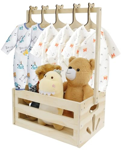 Holzkiste für Babyparty, Babykorb mit 5 Kleiderbügel und Griff, Holz Baby Geschenk Korb für Jungen Mädchen Schwangerschaft Neue Eltern