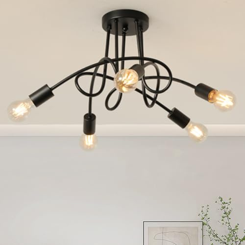 Lanpesting Modern Farmhouse Chandelier,25 Inch Black Metal Spiral Rustic Vintage Semi Flush Mounted Ceiling Light Fixture for Dining Room Bedroom Kitchen Island Hallway Foyer Entryway(5-Light)