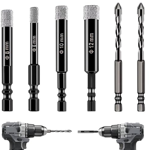 Tile Drill Bits,6pcs Porcelain Tile Drill Bit,Diamond Drill Bits for Porcelain Tiles,Diamond Drill Bit,T ile Dr ill Bi t 6/8/10/12mm Dry D iamond D rill B its and 2pcs 6mm Hex Shank D rill Bi t