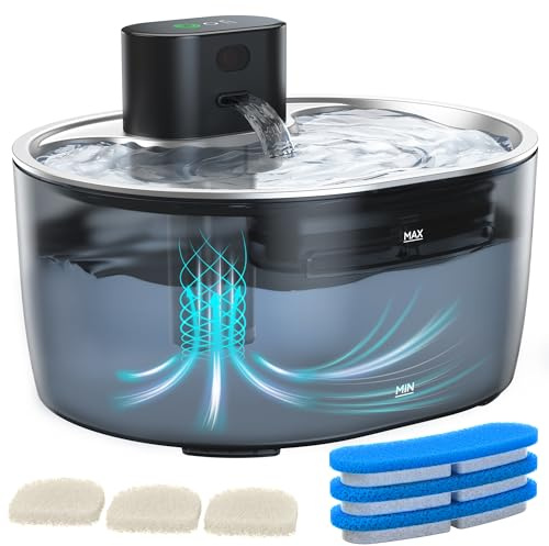 Pumpless Trinktiger Katzenbrunnen - Kabellos Trinkbrunnen für Katze mit Akku 5000mAh,Ultra Leise Wasserspender Katzen mit 3 Filters,3.2L Katzenbrunnen mit Bewegungsmelder,Wireless Pet Water Fountain