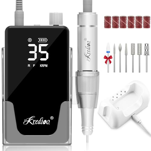 Kredioo Nagelfräser 35000 U/min Elektrische Nagelfräser Kabellos, Professionelle Fräser mit LED Display für Acryl- und Gelnägel Maniküre Pediküre Set für Home Salon