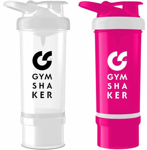 G GYMSHAKER 2er Pack Protein Shaker mit Pulverfach - cremige Shakes, auslaufsicher, Spülmaschinengeeignet - Shaker Proteinshake - Weiß, Pink