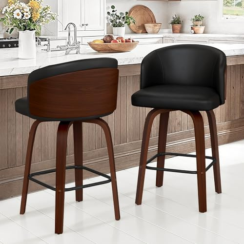 LUE BONA Barhocker 2er Set, 360° drehbarer Barhocker mit Lehne, 65cm Sitzhöhe, Kunstleder & Massivholz, Barstuhl mit Holzbeine und Fußstütze, Barstühle für Bar, Esszimmer, Kücheninsel, Schwarz