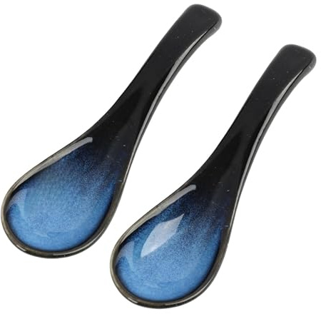 2 Stück Asiatische Suppenlöffel Set, Keramik, japanische blaue Ramen Löffel aus Porzellan, chinesische Suppenlöffel Retro Glasur für Ramen, Pho, Wonton, Miso, Eintöpfe