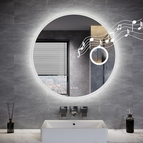 SUNXURY Espejo de Baño Redondo de 70 cm con Bluetooth, Iluminación LED y 3 Temperaturas de Color Ajustables, Antivaho y 3 Lupa, Espejo Cosmético Redondo