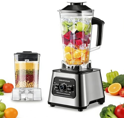 Batidora Multifunción 6000W, 2.5L Batidora Profesional, Batidora de Jarra con 9 Velocidades Ajustables，2 Jarras, Cuchillas Acero Inoxidable, Licuadora para Hacer Batidos y Smoothies (2 en 1)