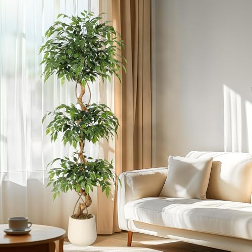 Künstlicher Ficus 180cm, Mit 1449+ Blättern & Geschwungenem Stamm Im Weißen Blumentopf, Ficusbaum Kunstpflanze Groß Wie Echt Für Wohnzimmer Büro Flur Wintergarten Deko