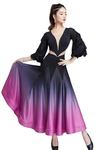 TJDWPRRD Trajes de Baile de Vals Vestidos de Salón de Baile de Manga Larga para Damas Ropa Flamenco Foxtrot Degradado Falda de Espina de Pescado Estándar Nacional Transpirable,Púrpura,L